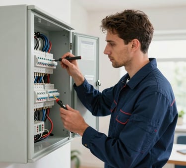 A focused professional electrician in a clean navy blue uniform inspecting a modern electrical panel in a bright European residential setting, natural lighting, sharp focus on tools and wiring.