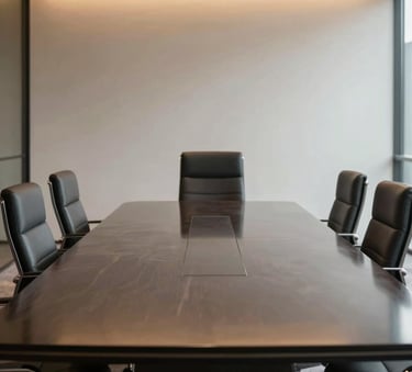 A premium executive boardroom with a polished deep charcoal table, minimalist leather chairs, and soft gold ambient lighting reflecting on glass surfaces. High-end professional setting.
