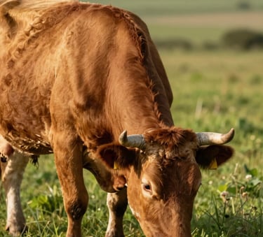A professional portrait of a healthy beef cow grazing in a lush green pasture. The style is sophisticated and natural, using warm afternoon light to highlight the texture of the coat and the richness of the grass. Brand colors #6F624C and #AAB89D are present in the landscape.