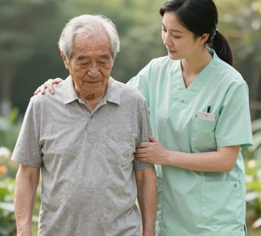 A medium shot of a compassionate caretaker in a pale misty green uniform gently assisting a senior man while walking in a bright garden. The lighting is soft and airy, conveying trust and professionalism.