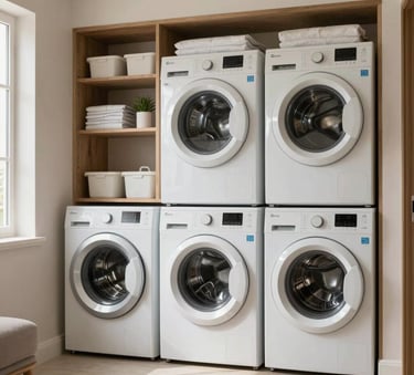 An elegant, well-lit laundry room in a sophisticated Middle Eastern / Gulf villa, featuring high-tech washing machines and organized storage.