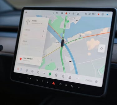 A close-up photograph of a clean, modern car infotainment screen displaying a navigation map, with soft ambient light in Steel Blue and Soft Cloud tones.