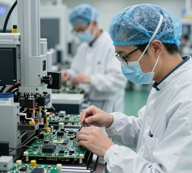 A high-precision manufacturing facility in the US where technicians in clean white attire assemble intricate medical circuit boards under bright even lighting.