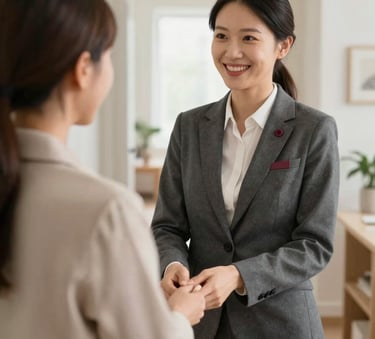 A professional property manager in a sophisticated blazer with a Crimson (#8D2D2D) pin, interacting warmly with a tenant in a bright, modern Scandinavian-style apartment hallway. High-end, premium aesthetic, soft natural lighting.