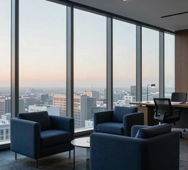 A high-end, minimalist corporate office in North America with floor-to-ceiling windows, modern furniture in dark blue tones, and soft natural morning light, conveying a sense of premium professionalism.