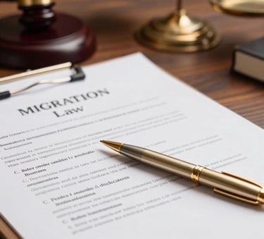 A close-up of a professional desk with migration law documents, a gold pen, and a blurred legal scale in the background, conveying authority and legal expertise. Lighting is warm and authoritative.