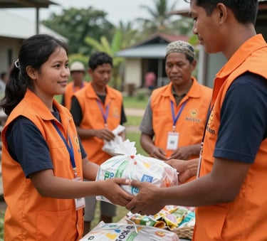 A professional photo of volunteers in orange vests distributing food and supplies to a local community in a Southeast Asian / Indonesian rural setting. Clear daylight, focusing on the human connection and efficient organization.