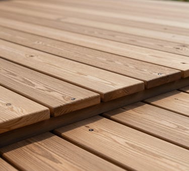 Close-up photography of a high-quality thermo-wood terrace showing precise joints and natural wood texture, modern architecture in a Northern European setting.