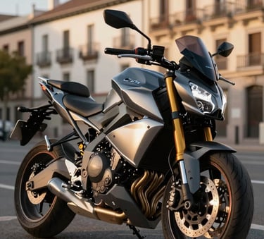 A sleek, powerful modern motorcycle parked on a clean street in Madrid at golden hour, Southern European / Spanish urban architecture in the background, professional automotive photography with metallic highlights.