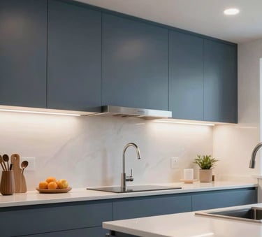 Professional photography of a clean, modern kitchen interior in a North American / US home, highlighting elegant recessed ceiling lighting and under-cabinet LED strips with slate blue accents.