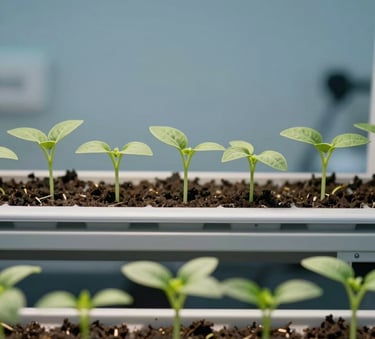 Time-lapse sequence of seedlings growing in an organized North American / US experimental setup, natural lighting in a clean laboratory environment, with Sage Green leaves against a Dusty Sky Blue background.