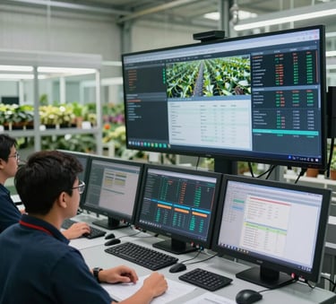 A modern control room within a high-tech South American floriculture facility, professional staff monitoring production data on large sleek screens, clean industrial aesthetic with soft natural light.