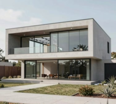 A luxury modern villa with large glass windows and minimalist architecture, showcasing a completed steel framing project by Construcciones en Seco Palmieri. The design is sleek, using gray and white tones, set against a clean Uruguayan landscape. Professional architectural photography style.