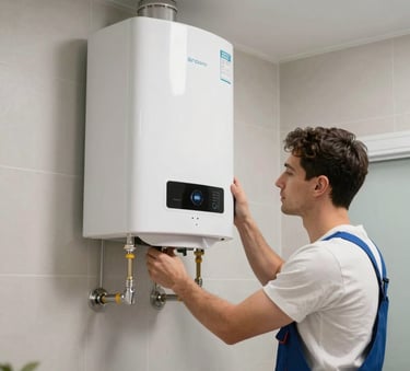 A professional technician in a Southern European / Spanish residential laundry room installing a white electric water heater on a wall, clean and modern setting, professional lighting.
