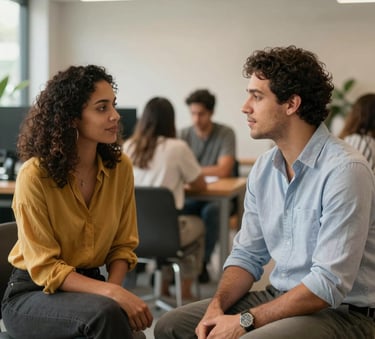 A one-on-one mentoring session in a modern Brazilian coworking space, professional and collaborative mood, natural light, soft textures, gold and light blue-gray tones, realistic photography.