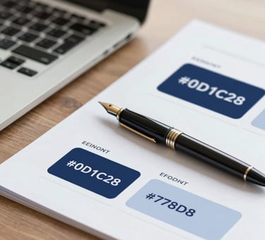 A close-up of a professional desk with a laptop, a sleek fountain pen, and organized documents, incorporating the brand colors #0D1C2E and #778DA9, bright and modern lighting.