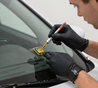 A close-up photograph of a professional technician in the North American US applying specialized resin to a small chip in a car windshield, bright natural daylight, clean and modern aesthetic.
