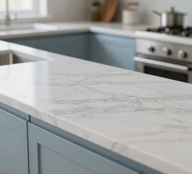 A close-up photograph of a clean, polished marble countertop in a modern Southern European kitchen, reflecting soft natural light. The scene is bright with light steel blue and white accents, emphasizing professional hygiene and care.
