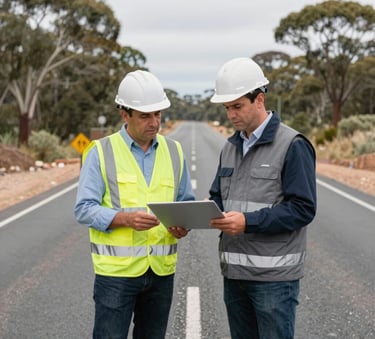 A team conducting a road safety audit with traffic cones and signage