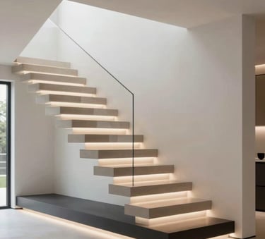 A wide-angle shot of a minimalist Sacramento home interior featuring a modern floating staircase with elegant LED lights glowing under each step. The room is clean and high-end, incorporating brand colors #FDFBF7 and #1A1A1A in the decor.