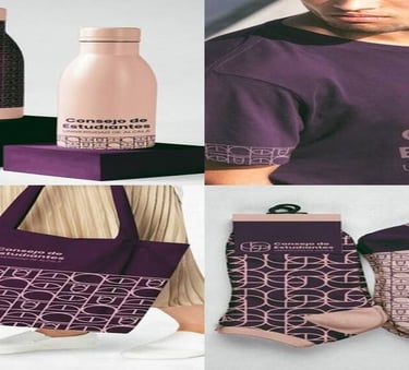 Mercancía personalizada que incluye botellas de agua de marca violeta, camiseta, bolso y calcetines