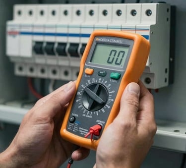 A close-up of a professional's hands holding a modern digital multimeter against a circuit breaker in a North American / US utility room, deep slate grey tones.
