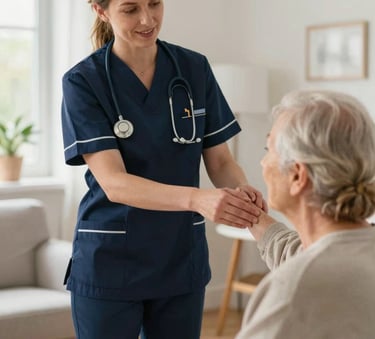 A professional European / British nurse in a dark blue uniform providing supportive care to an elderly resident in a bright, modern care home, warm natural lighting, professional and compassionate atmosphere.