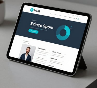 A high-tech digital workspace showing a sleek tablet displaying a custom web application interface. The composition is clean and minimalist, featuring soft lighting and a color palette of #1C2E3C and #3A8D9B to convey professional digital solutions.