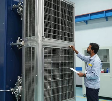 A large stainless steel Air Handling Unit (AHU) being inspected by an engineer in a professional South Asian / Indian facility. The industrial environment features deep midnight navy and pale sky blue accents on the machinery with clean, modern lighting.