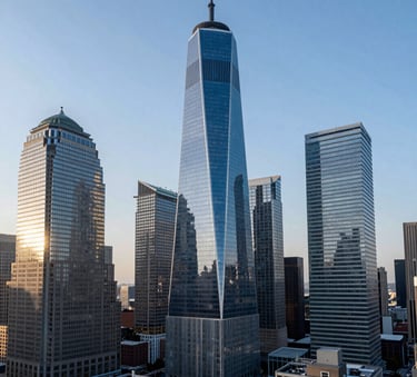 A high-angle architectural shot of a cluster of modern skyscrapers in a North American / US business hub under a clear sky, emphasizing royal blue and silver tones.