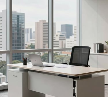 A high-end, clean professional office setting in a South American / Brazilian corporate building. A large window overlooks a modern cityscape, with a minimalist desk in off-white and light grey tones, projecting an image of organized success.