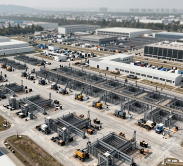 An authoritative photograph of a large-scale industrial facility logistics plan implemented by Andrew Horan. The scene features organized heavy equipment and structural foundations with a professional, clean layout in #1A2C3D and #F5F8FA tones.
