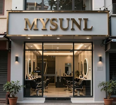 Photography of a modern salon exterior in Mysuru, South Asian street context, showcasing a professional entrance with glass doors and elegant signage against a light gray building facade.