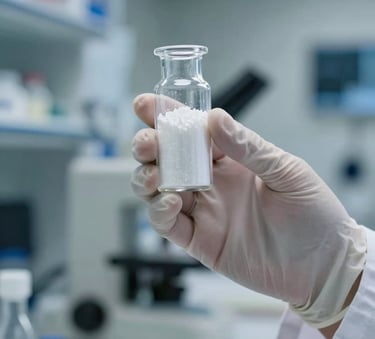 A high-end, close-up photograph of a pharmaceutical research lab in a North American setting. The focus is on a professional scientist's gloved hand holding a clear glass vial containing a white crystalline powder. The background is a clean, sophisticated laboratory with blurred stainless steel equipment and soft blue and white lighting.