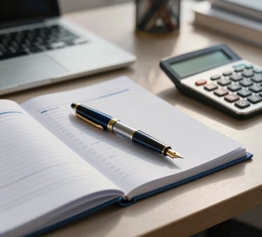 A professional workspace in a Central European office featuring an organized desk with a luxury fountain pen, financial ledgers, and a calculator, reflecting precision and order, in soft morning light with medium blue and gold accents.