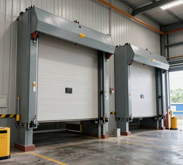 A professional wide-angle photograph of an industrial rolling door installation at a large North American logistics hub, showing technical precision and high-quality materials under bright, clean lighting.