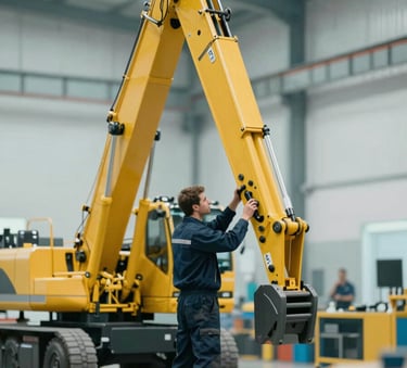 A high-action, professional shot of a yellow heavy-duty construction crane being serviced in a clean, modern workshop. A technician in a dark blue uniform is inspecting the hydraulic system. The lighting is crisp and industrial, utilizing the brand palette with #405D7C shadows and #A5BCCF highlights.
