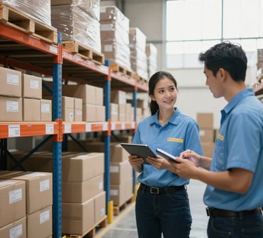 A clean and organized logistics warehouse in Lima, Peru. The composition shows shelves with neatly labeled boxes and professional staff using tablets for inventory, with a soft daylight filtering through high windows. The atmosphere is efficient and professional, with hints of Sky Blue and Slate Blue in the warehouse equipment.