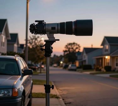Cinematic wide shot of a quiet North American residential street at twilight, a parked vehicle under a streetlamp, shot with a professional telephoto lens, emphasizing observation and detail.