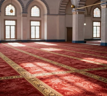 Interior of a large, beautiful Turkish mosque featuring vibrant, clean red and gold carpets, soft sunlight streaming through windows, emphasizing hygiene and meticulous care, professional photography.