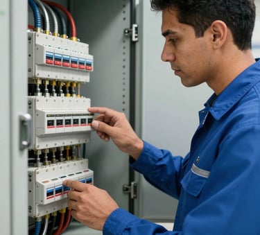 A close-up of a professional technician in a Steel Blue uniform inspecting a complex electrical panel in a modern Latin American / Spanish commercial building. Clear, bright lighting emphasizing professional detail.