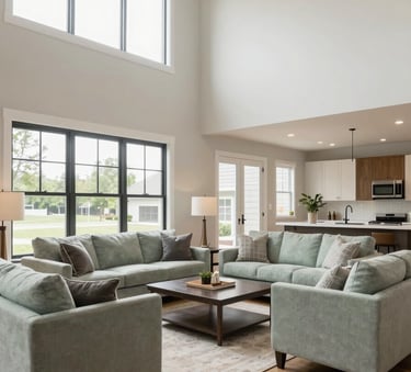 A bright and airy living room inside a modern North American / US (Southeast) townhouse. The space features high ceilings, hardwood floors, and furniture in Soft Sage and Light Mist tones. The atmosphere is professional and move-in ready.