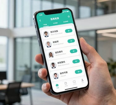 A high-end smartphone held by a professional in a North American corporate setting, showing a sleek interface with teal accents, against a background of a modern glass-walled office.