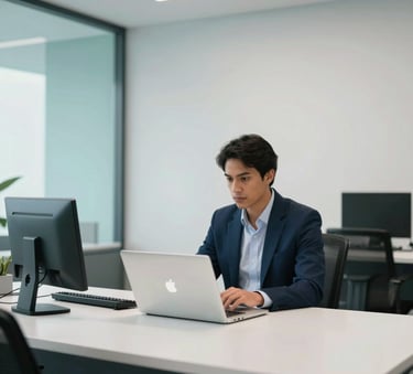 A focused professional in a modern South American corporate office using a laptop. The space is bright and minimalist, with clean lines and subtle teal and dark blue accents in the decor.