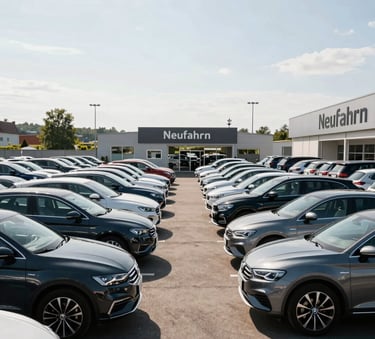 Wide angle photography of a clean and organized outdoor car dealership lot in Neufahrn Germany, rows of polished modern vehicles under a bright Central European sky, professional and reliable atmosphere.