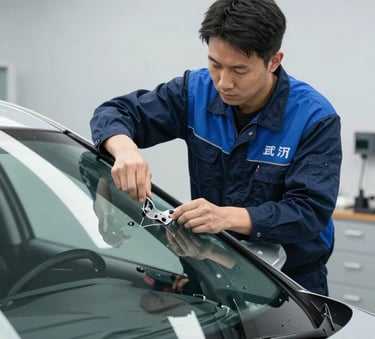 A certified technician in a professional uniform precisely installing a new windshield on a vehicle inside a modern North American / US service center. The lighting is clean and bright, highlighting the steel blue and midnight navy uniform and the pale mist grey walls of the shop.