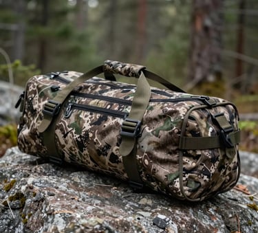 A close-up of a high-quality camouflage hunting jacket and gear bag resting on a forest rock, blurred North American wilderness background, focus on texture and durability. No people.
