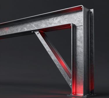 A dynamic 3D rendering of a steel beam structural framework, glowing crimson accents, dark charcoal background, realistic metallic texture, studio lighting, dramatic shadows, set in the United Kingdom.