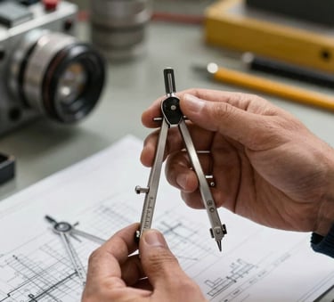 Close-up of hands in a North American / Mexican industrial environment holding a silver compass and a technical blueprint, shallow depth of field, sharp focus on engineering tools.