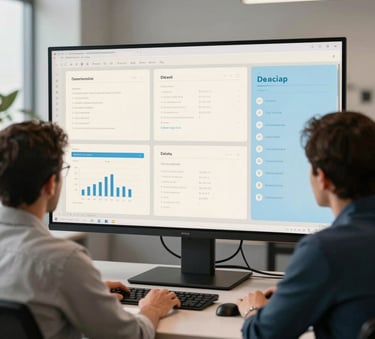 A professional North American team collaborating in a bright modern software studio looking at design mockups on a large display using off-white and pale blue colors.